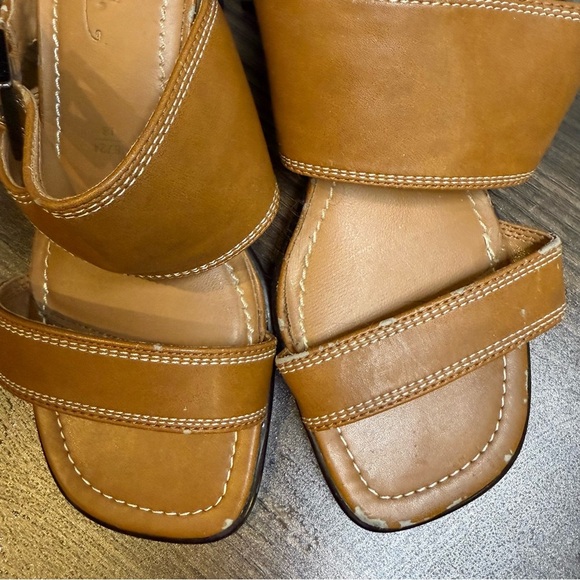 FIONI Clothing | Tan Slide Sandals Faux Leather with heels and buckle - Picture 2 of 4